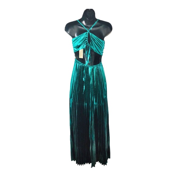 Beautiful emerald green lurex look open lace up back pleated maxi dress size S - Picture 8 of 17